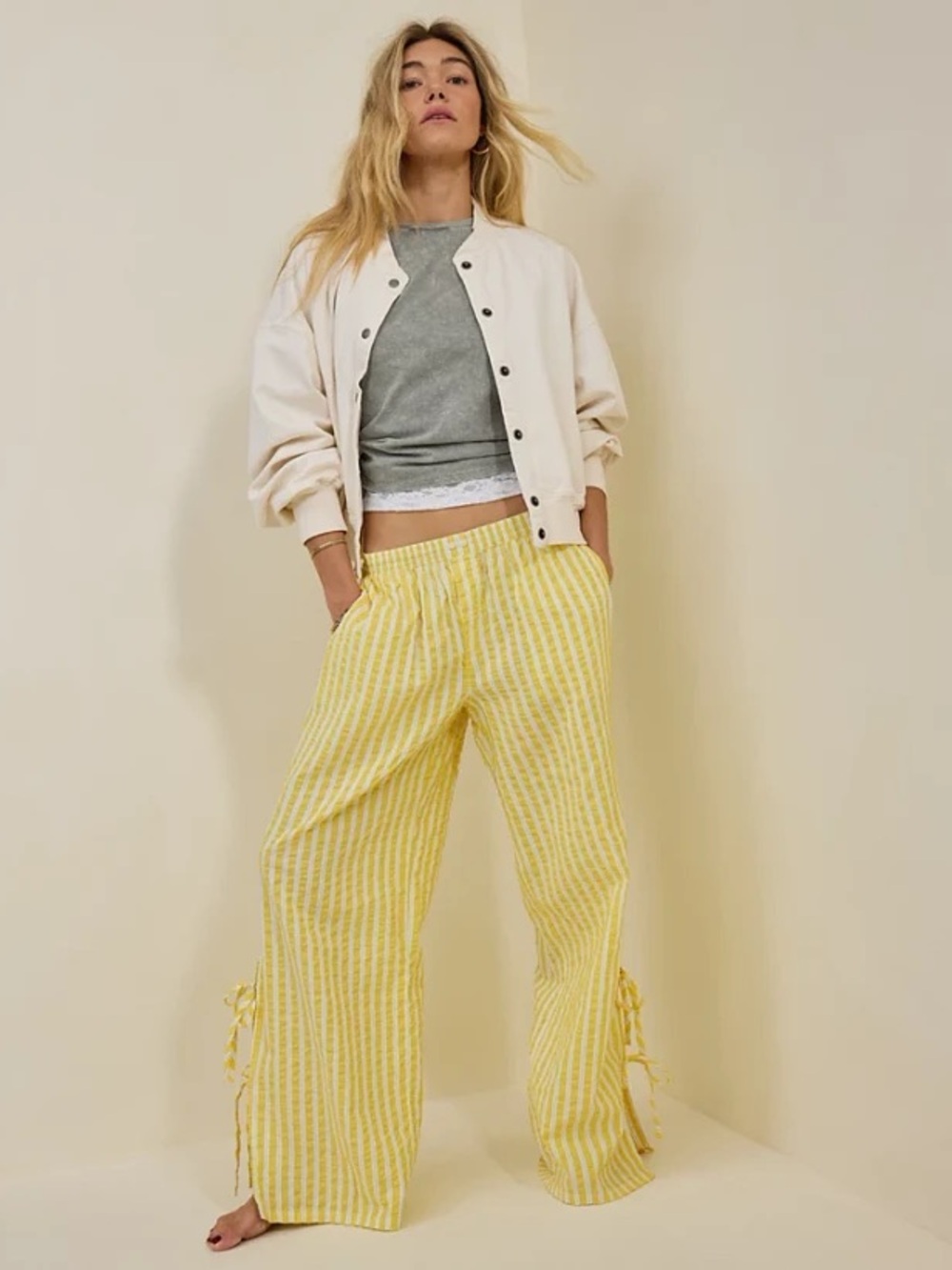 Aerie Off-Duty Seersucker Side Tie Trouser PJ Pants Yellow Striped S